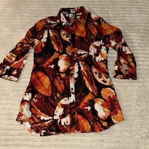 Chicos Linen Tunic Top Blouse Button Up Floral 3/4 Sleeves Black Yellow Size 1